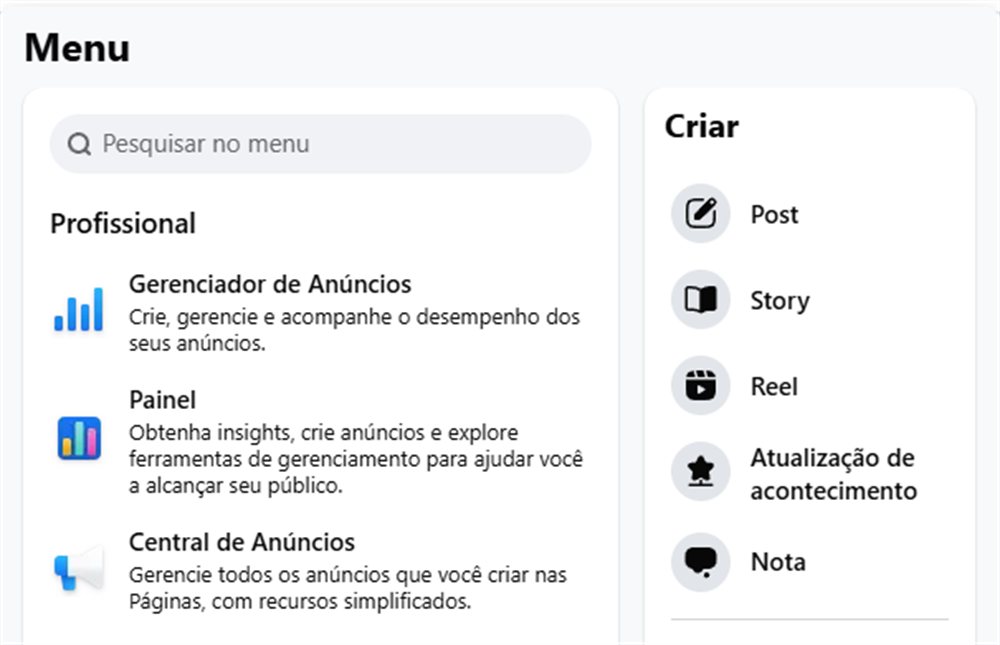 Menu do Facebook aberto, com Gerenciador de Anúncios na coluna Profissional