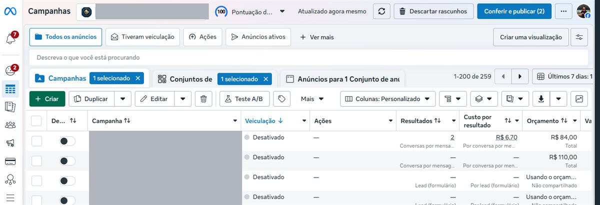 Gerenciador de Anúncios: seletor de conta, abas Campanhas, Conjuntos e Anúncios, e o botão Criar