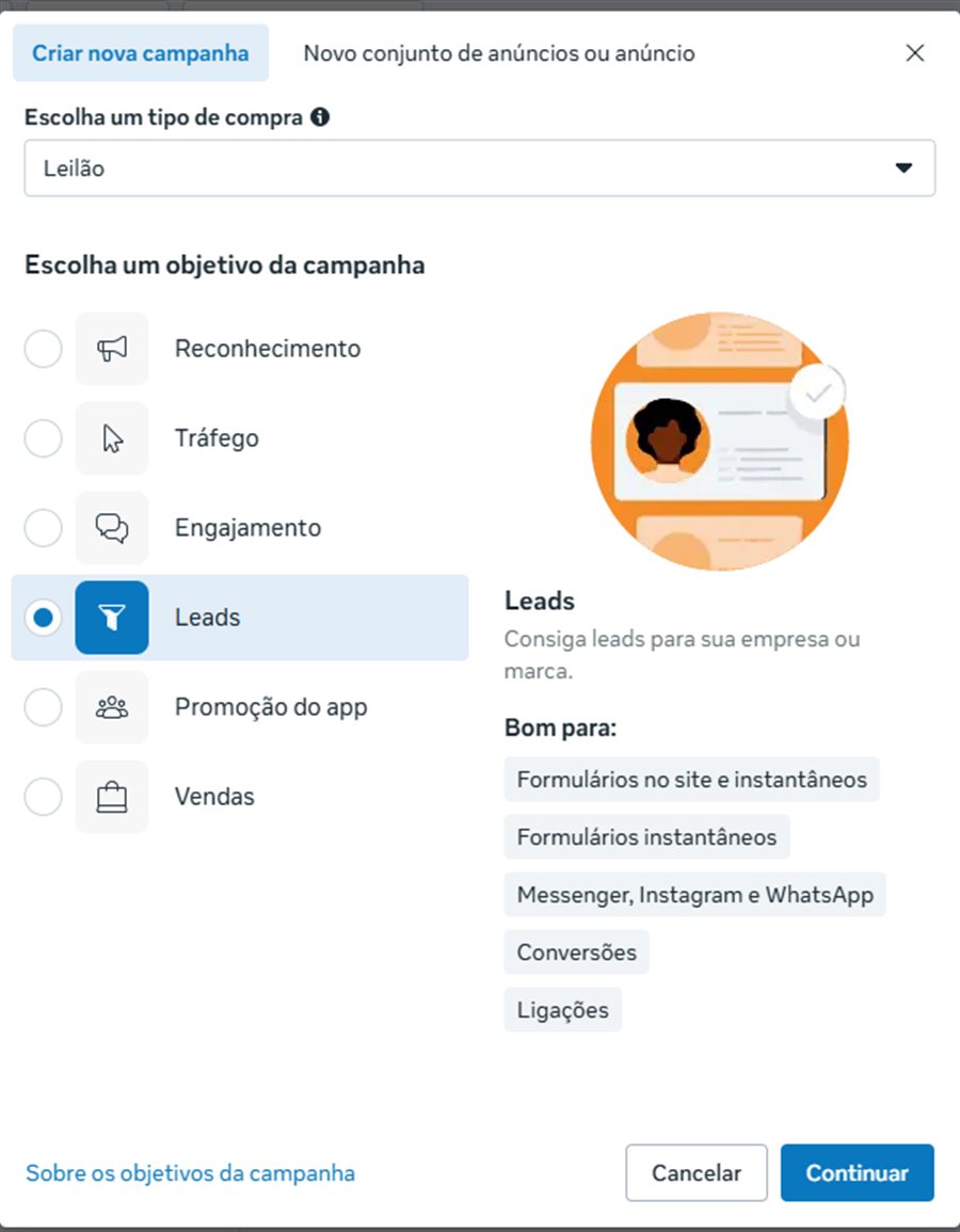 Tela de escolha do objetivo da campanha, com Leads selecionado