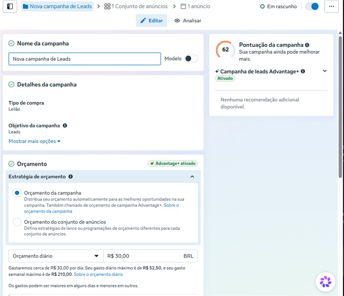 Editor da campanha: nome, objetivo Leads, estratégia de orçamento e orçamento diário de R$ 30