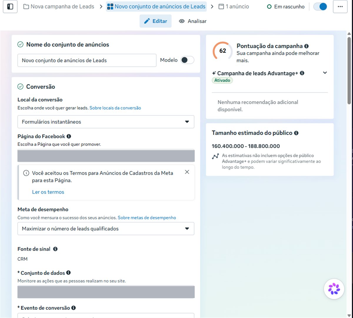 Conjunto de anúncios: local da conversão em Formulários instantâneos e escolha da Página