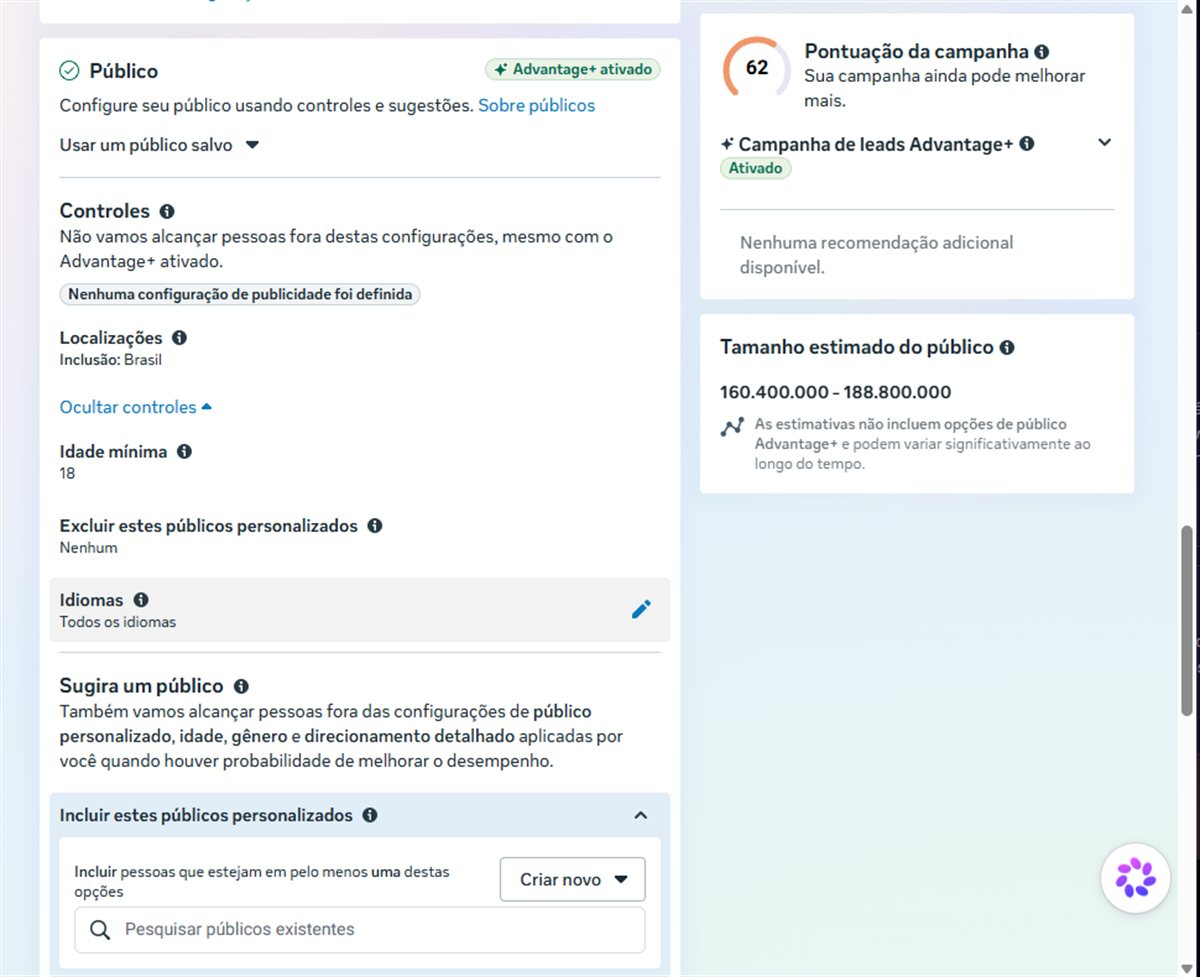 Seção Público do conjunto de anúncios, com localizações, idade mínima e públicos personalizados