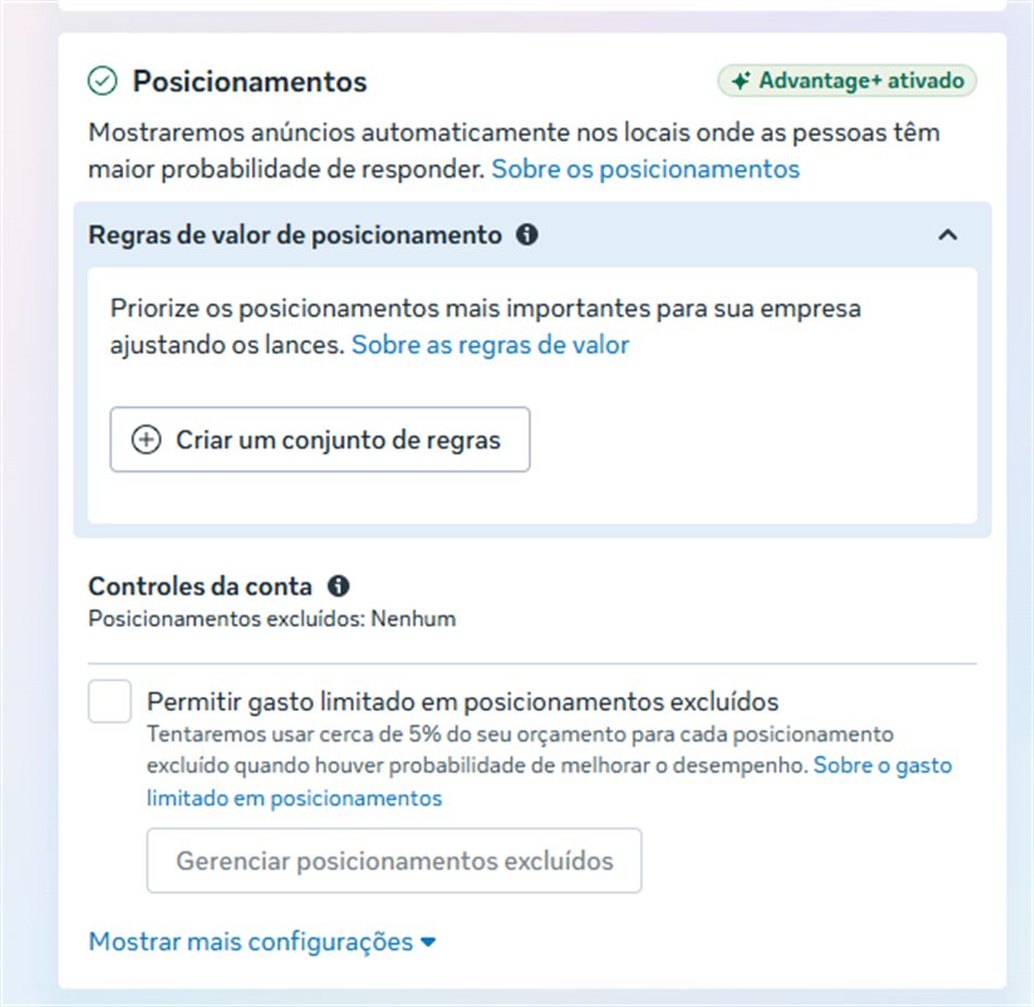 Seção Posicionamentos do conjunto de anúncios com Advantage+ ativado
