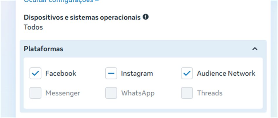 Caixas de seleção das plataformas: Facebook, Instagram, Audience Network, Messenger, WhatsApp e Threads